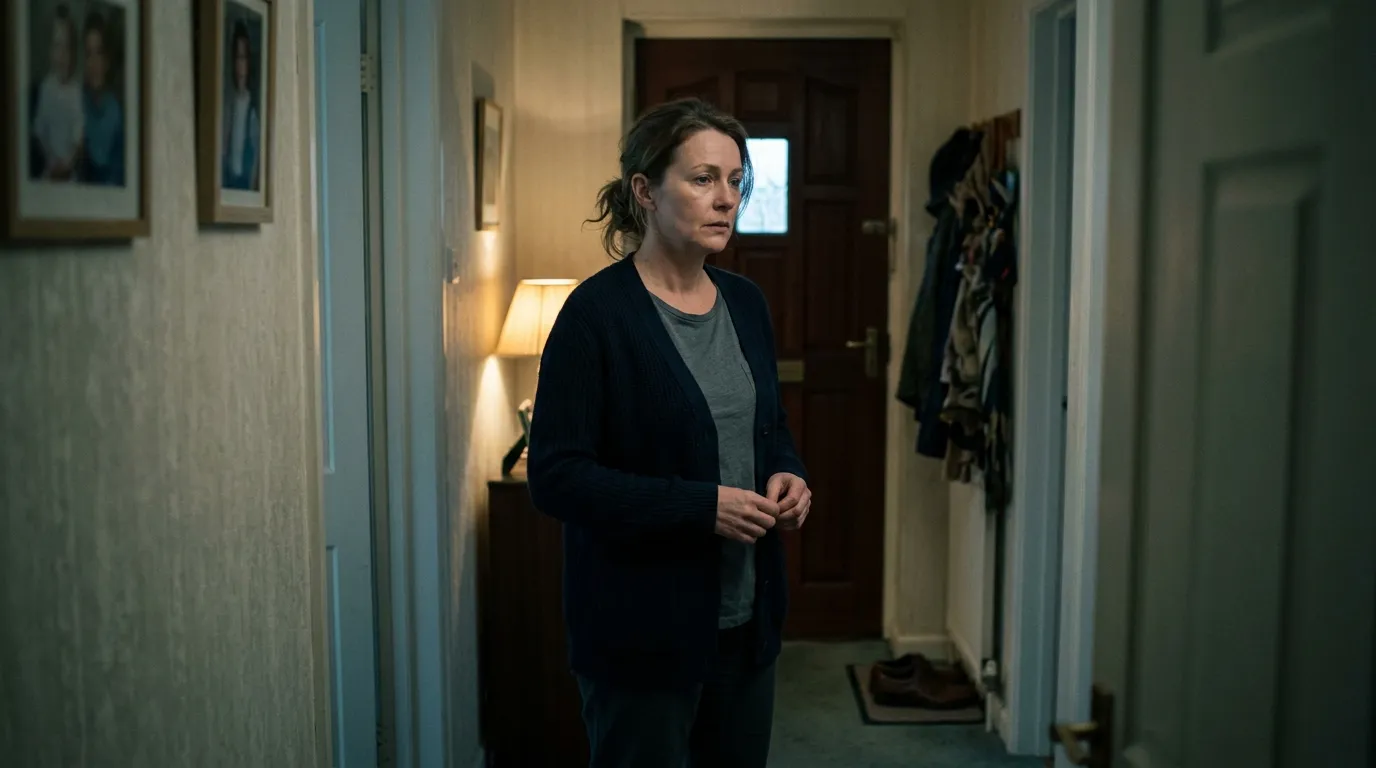A woman standing alone in a dimly lit suburban hallway looking at a closed front door