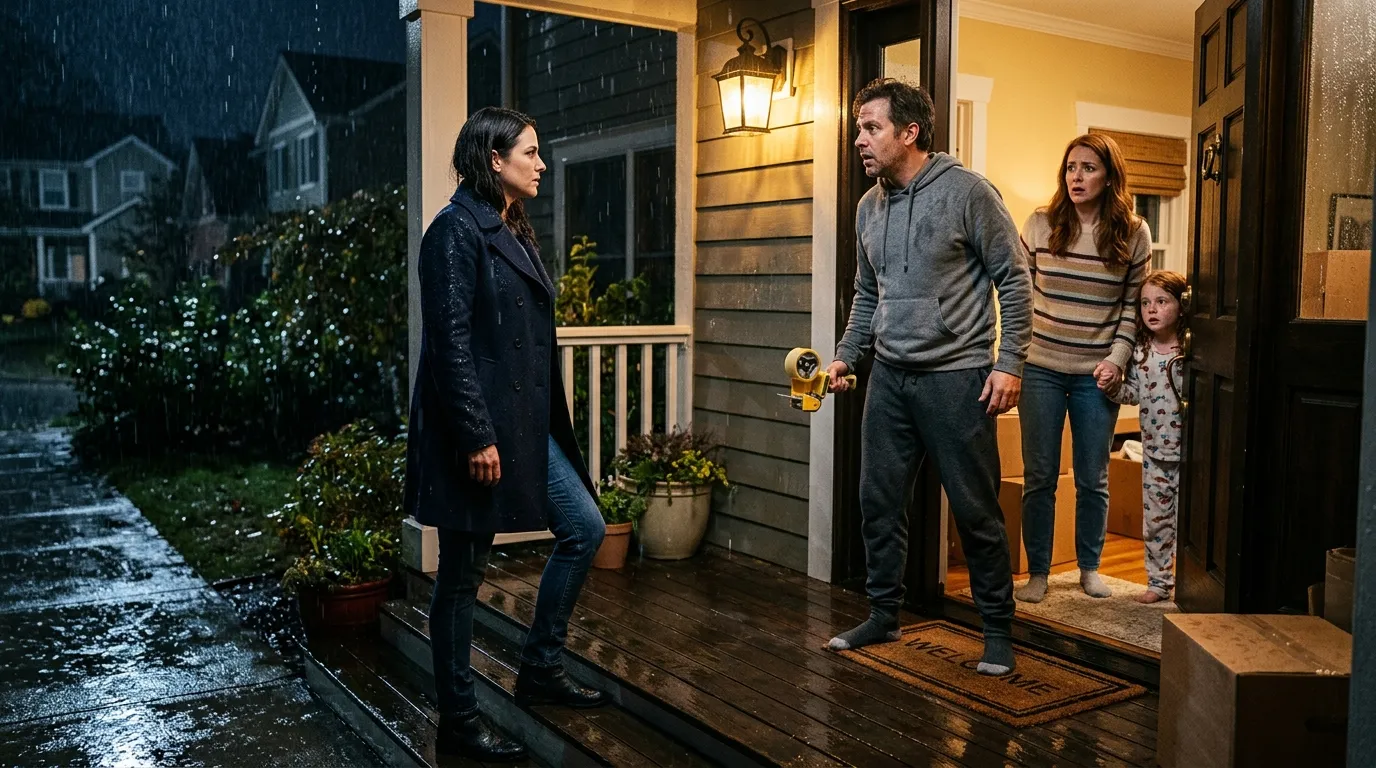 Confrontation under a rainy porch light between Hannah, her husband Greg in sweatpants, and Rachel