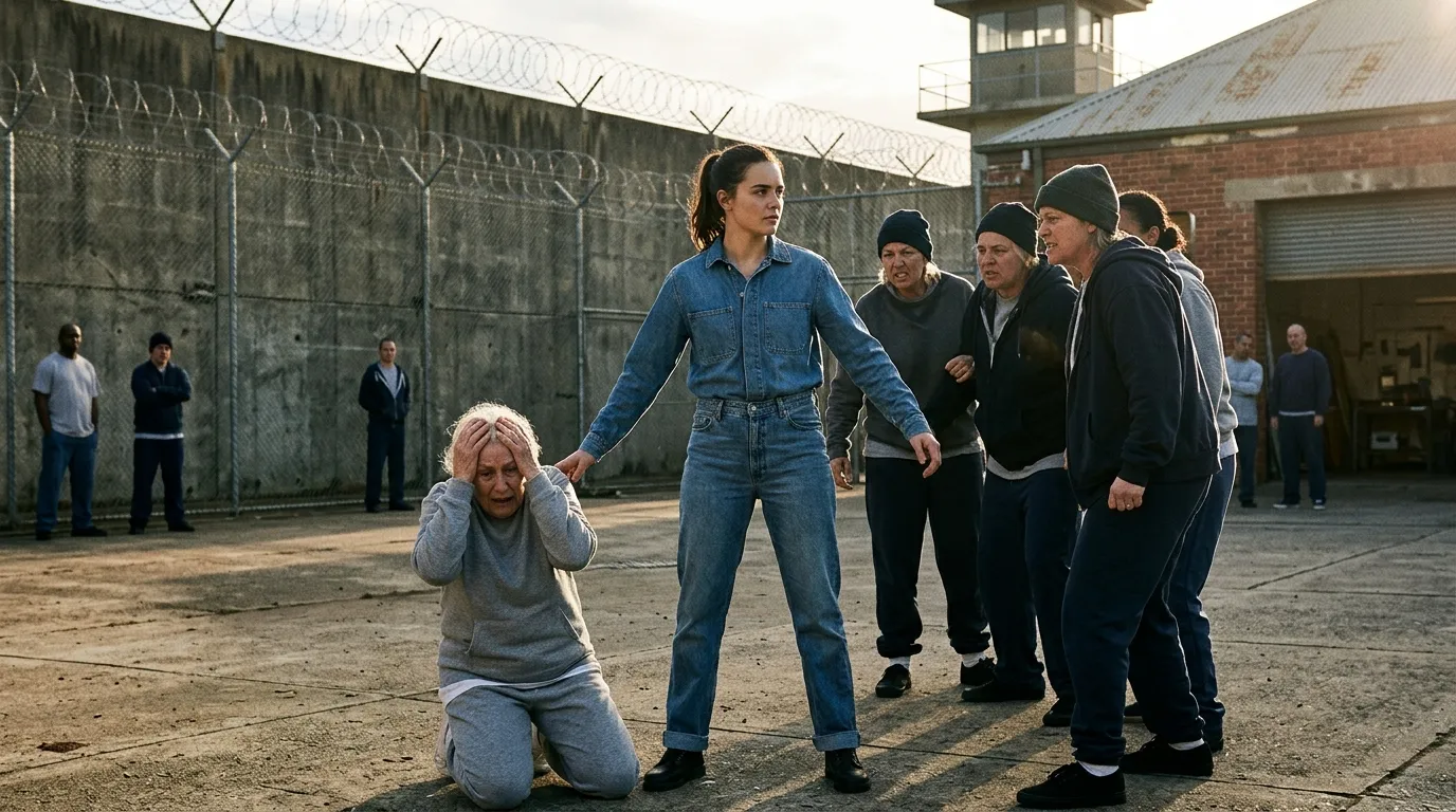 Intimidating female inmate with facial piercings and two followers