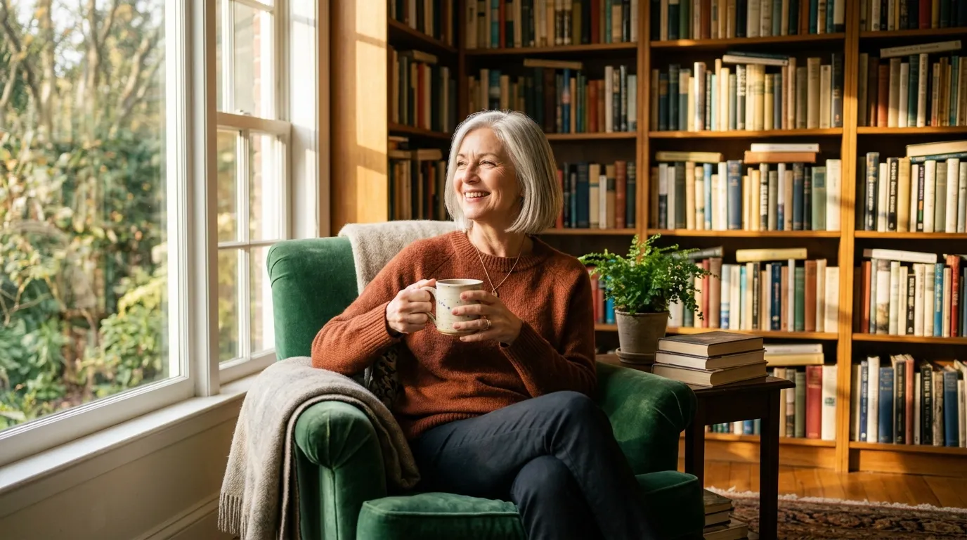Serene mature woman enjoying coffee in a peaceful sunlit reading room surrounded by books