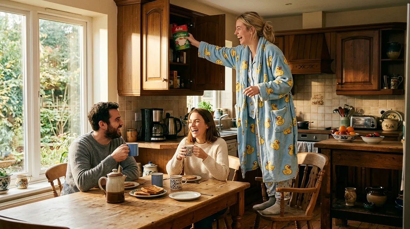 A young woman wearing an oversized faded blue duck-patterned robe standing on a wooden chair to reach the top kitchen cabinet as her sister smiles warmly.