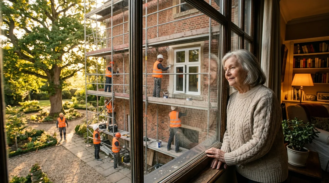 An elderly woman smiling out a sunlit window as workers restore the state-funded wing outside