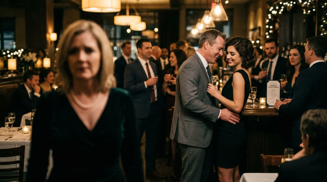 A woman looking in shock at her husband who is laughing intimately with a younger woman at a corporate party