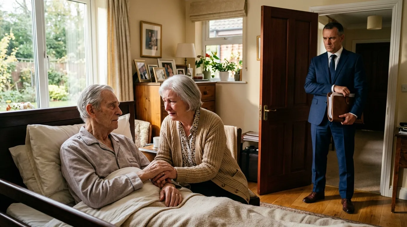An elderly woman stunned by legal documents presented by a lawyer and a remorseful daughter
