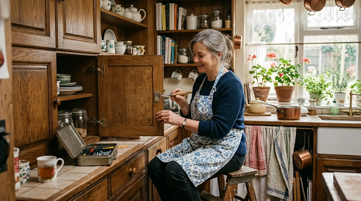 A middle-aged woman smiling while fixing a kitchen cabinet with a screwdriver