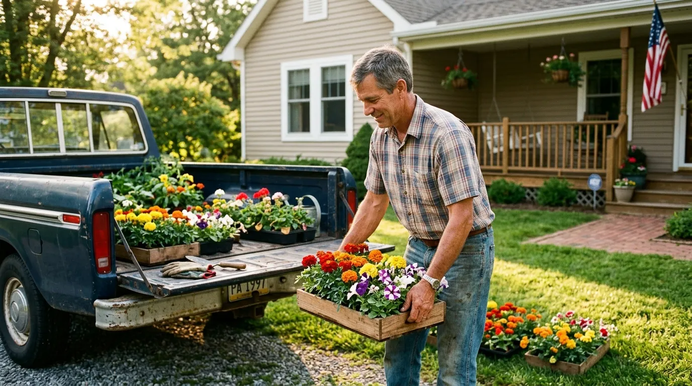 Man planting red and yellow flowers from a truck bed into a front yard flowerbed