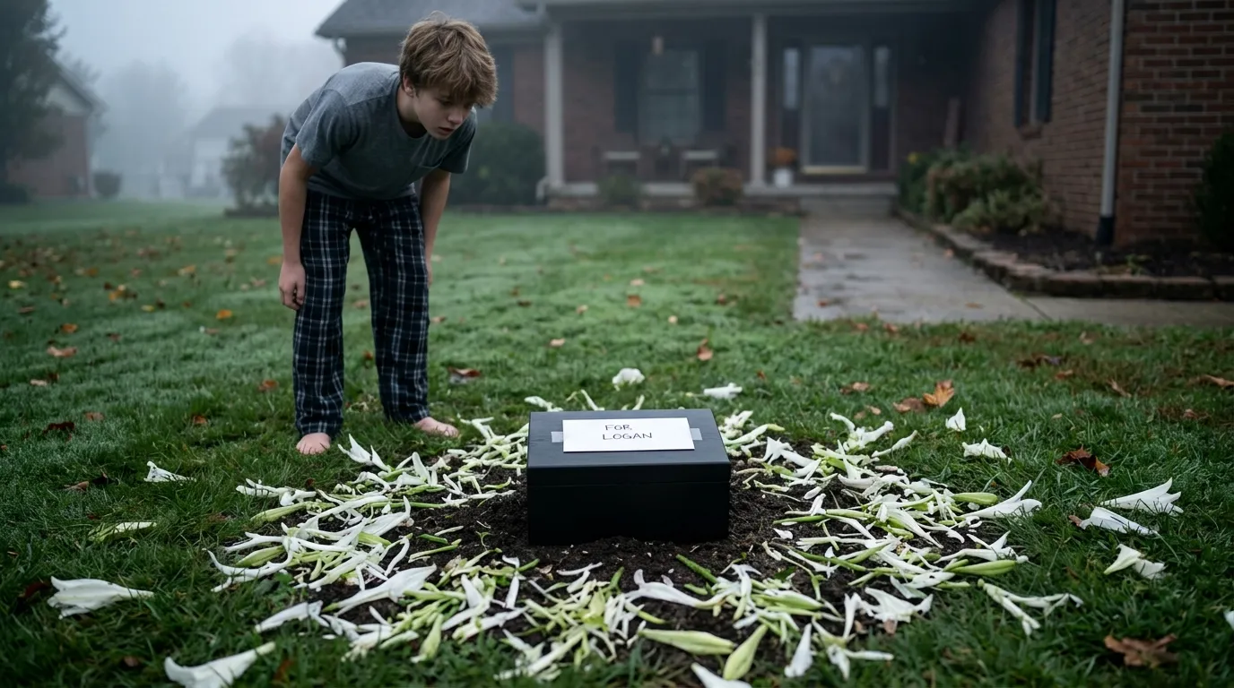 Ruined garden of white lilies with severed stems and a matte black mystery box in the center