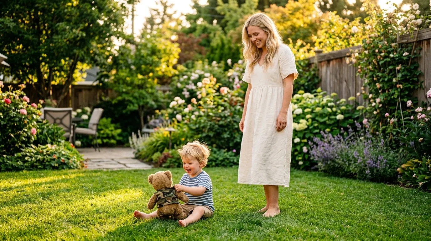 Joyful young woman watching her toddler play with a camo teddy bear in a sunny backyard