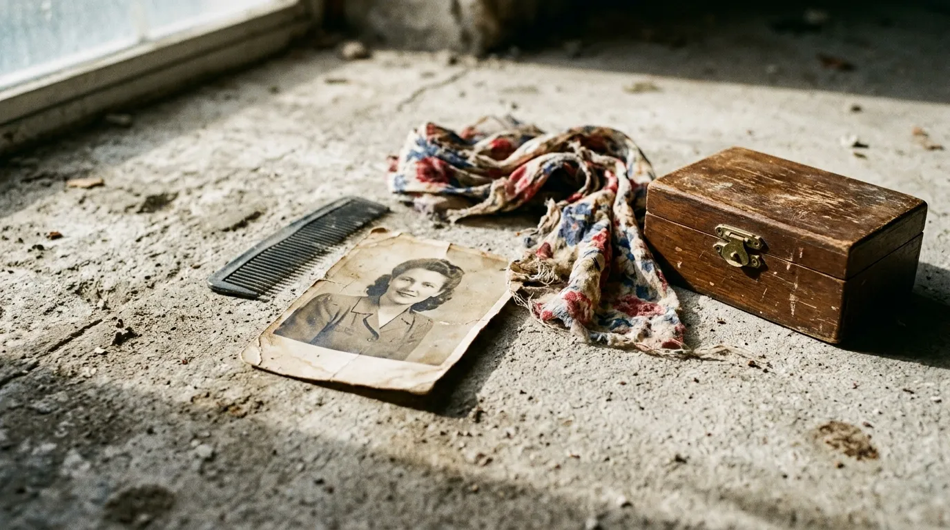 Personal items scattered on the concrete floor including a photo, comb, scarf, and box
