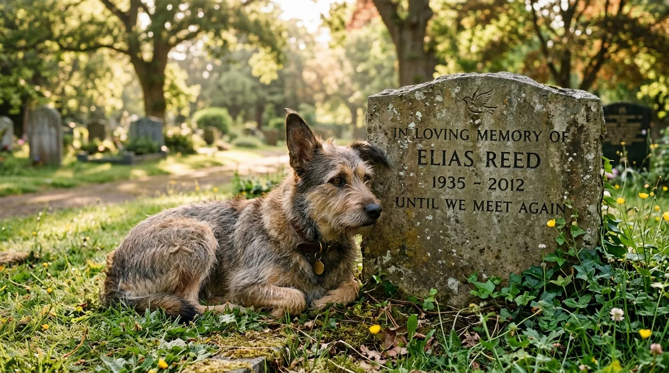 A scruffy brown and gray dog lying peacefully beside a cemetery headstone in the morning light.