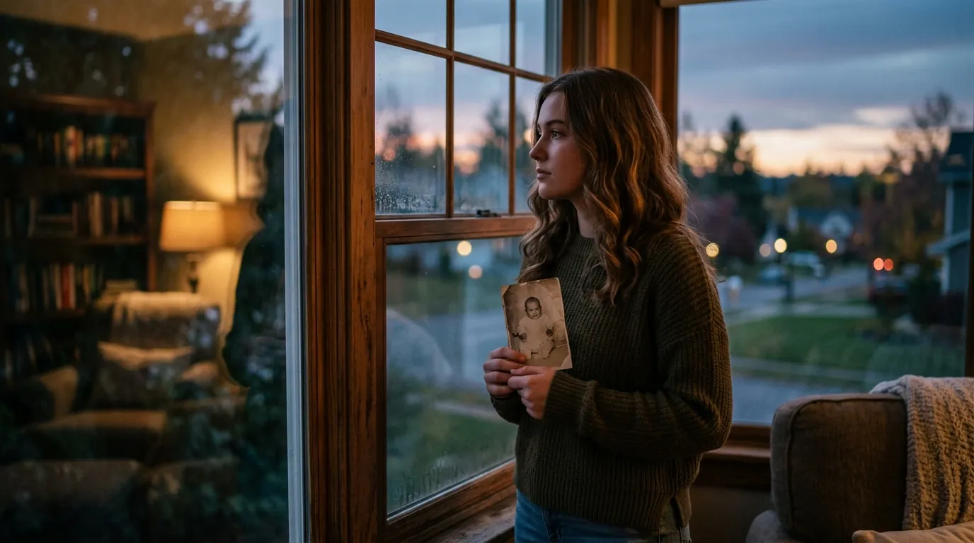 Jenna standing at the window looking outside, clutching an old baby photograph