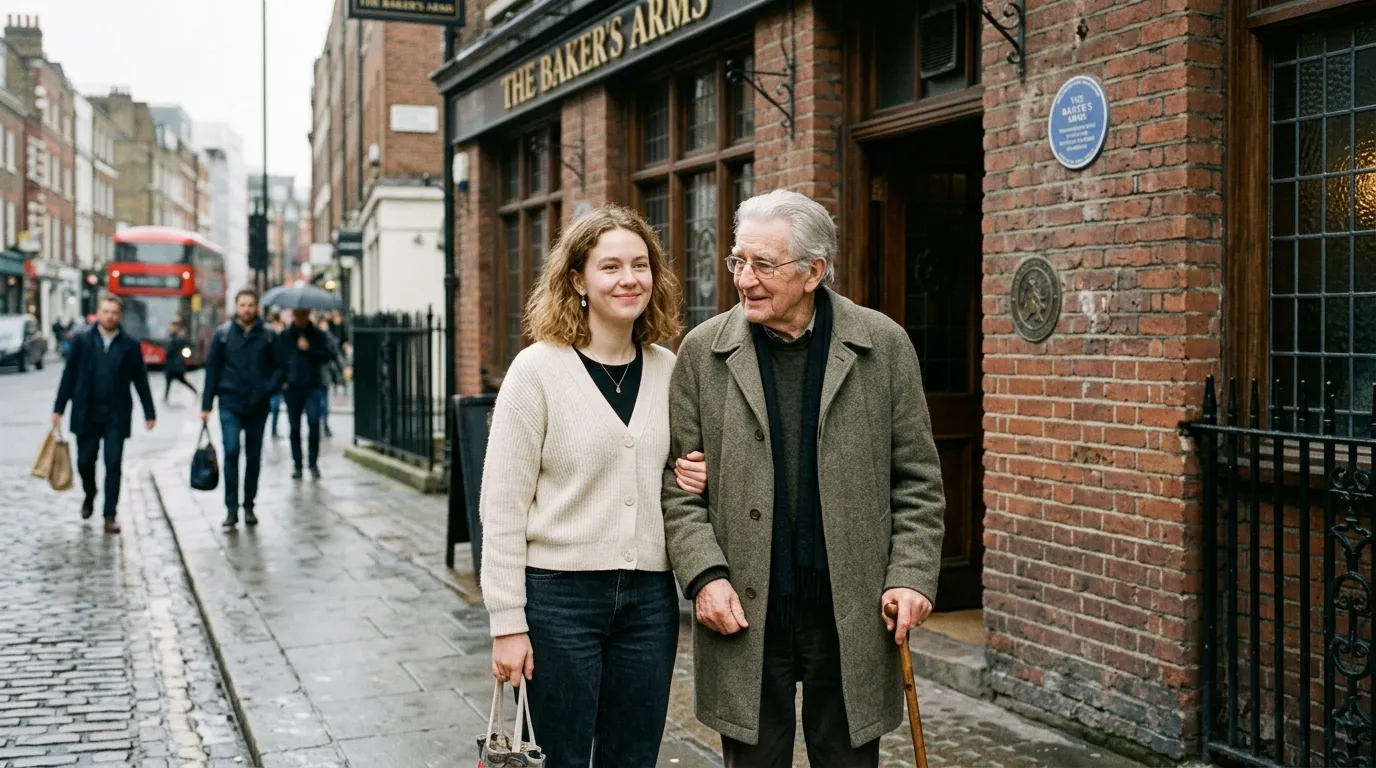Chloe standing beside an elderly silver-haired gentleman in London