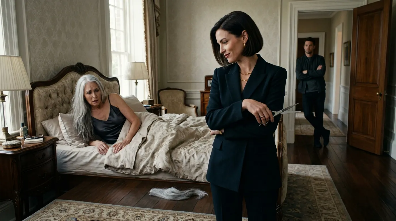Severed silver hair lying on hardwood floor while a daughter-in-law holds shears