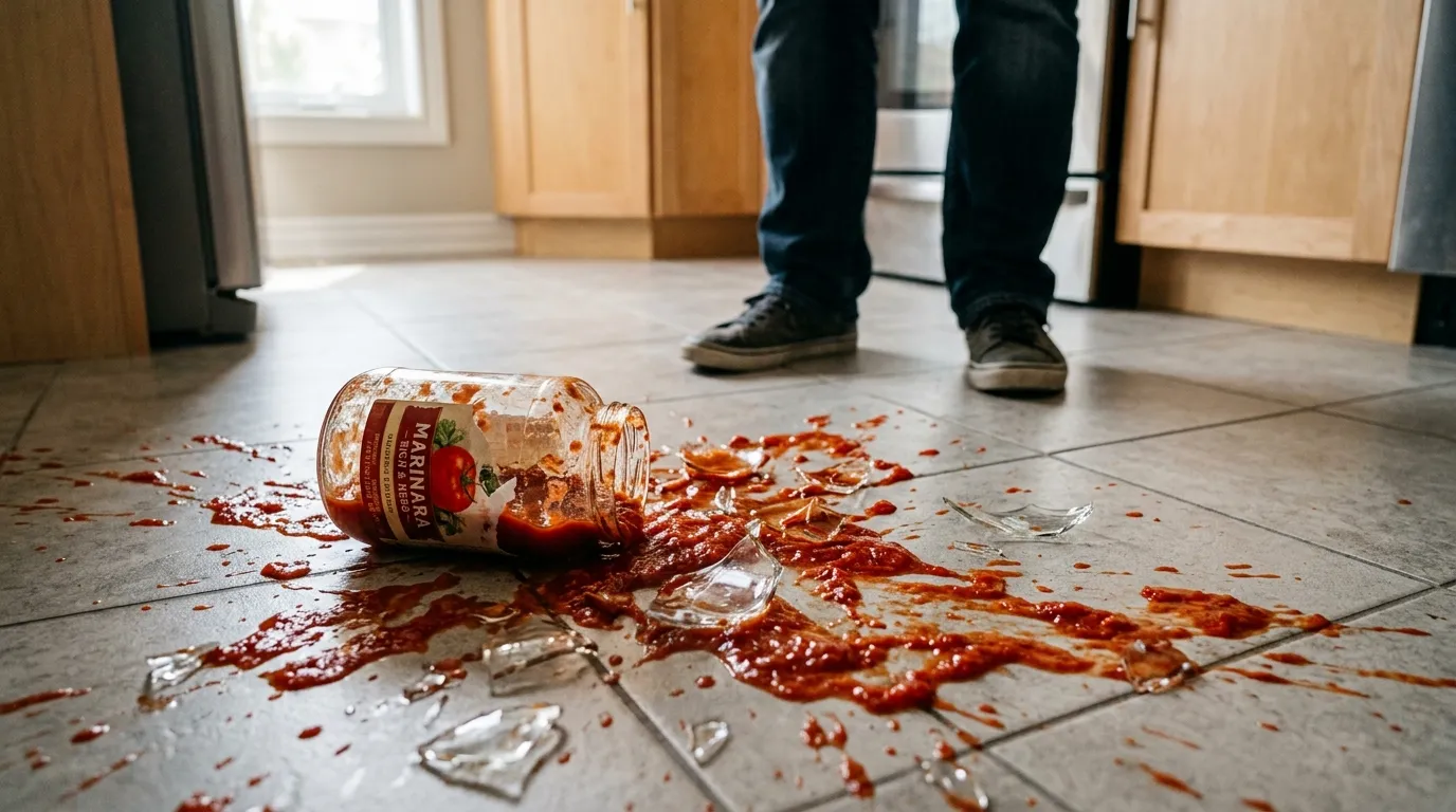 A shattered jar of red pasta sauce on a tiled floor.