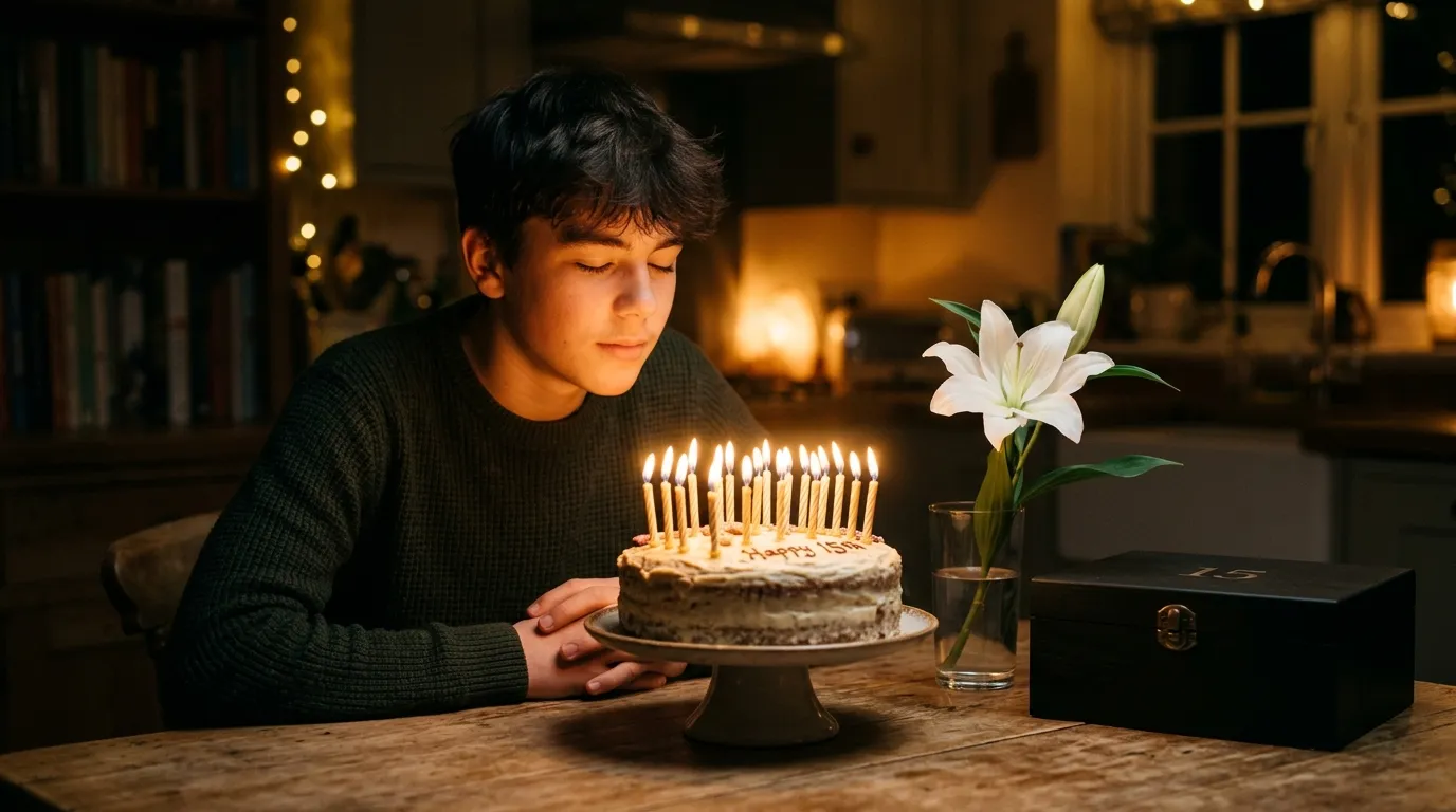 Fifteen lit candles on a birthday cake next to a single white lily in a glass and an open memory box