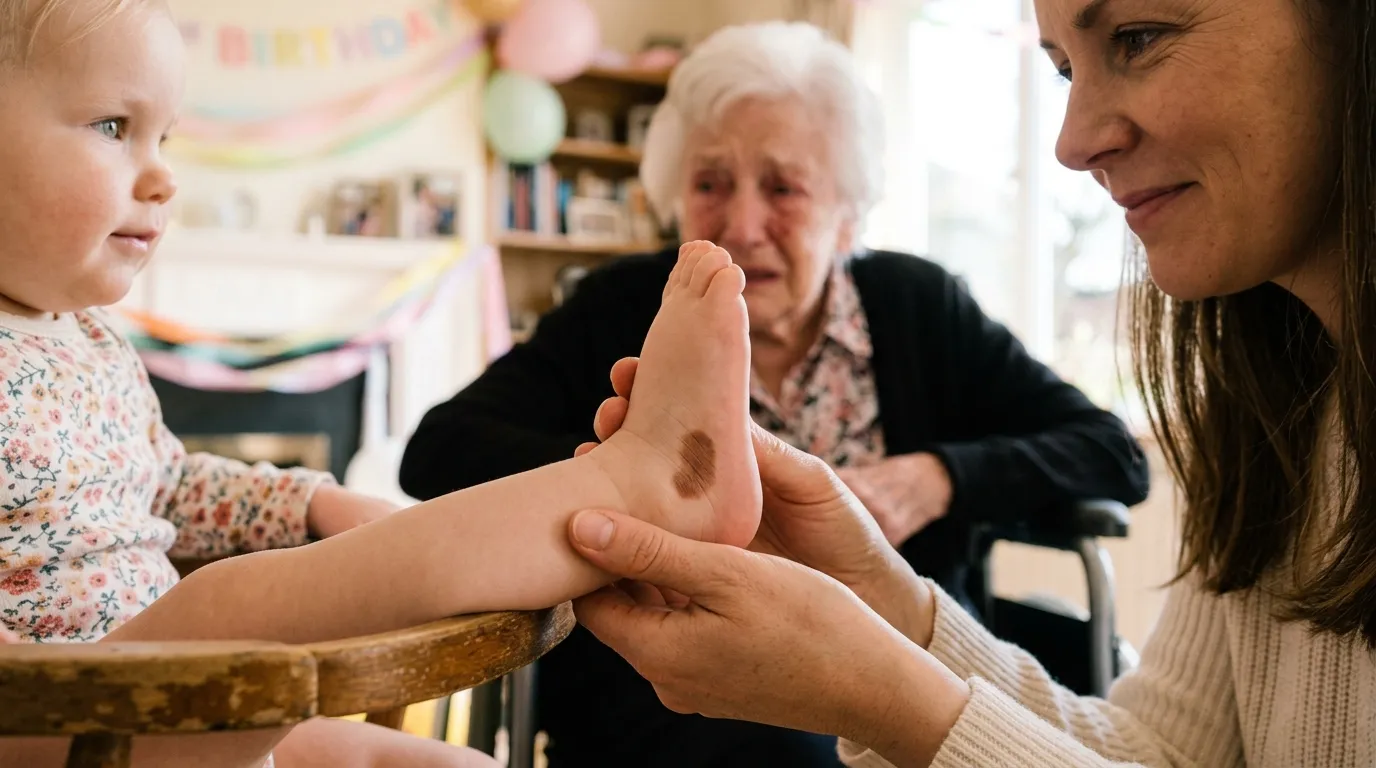 Close-up of baby's foot revealing a small unique birthmark above the heel as family watches