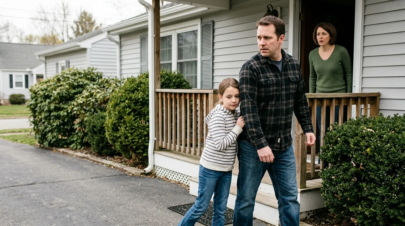 A 10-year-old girl hiding behind her father, looking at a woman in the doorway