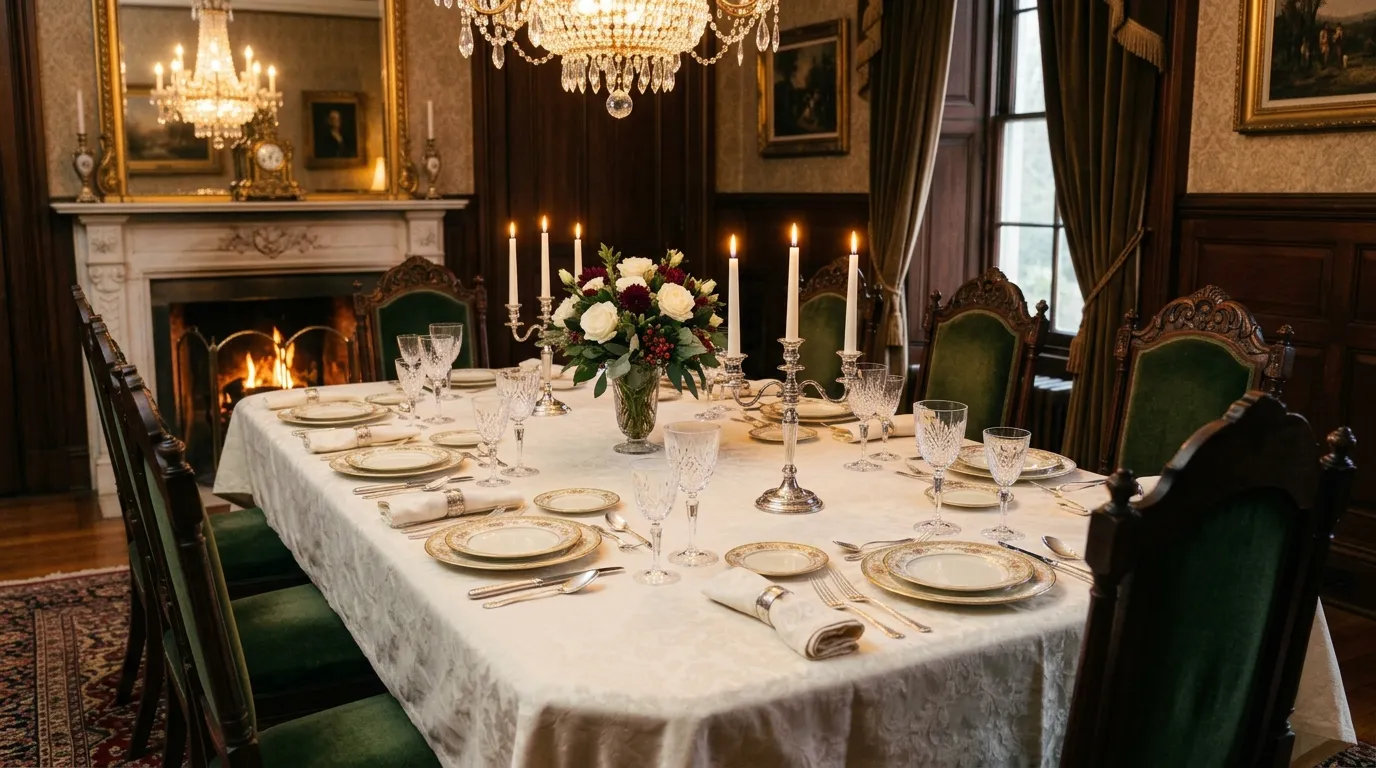 A perfectly set Victorian dining table for exactly eight people.