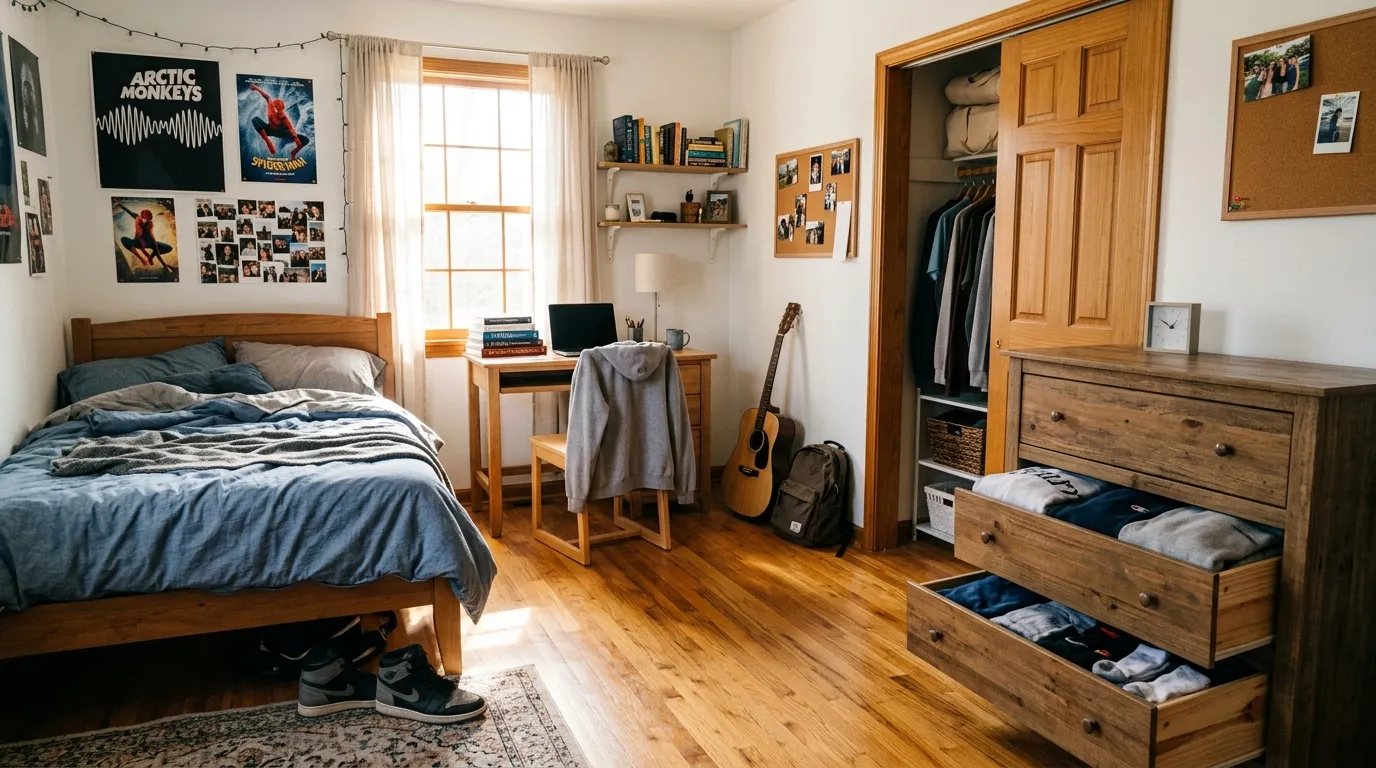 Sunlit bedroom of a teenage boy with empty duffel bags folded in the closet and clothes unpacked into dressers