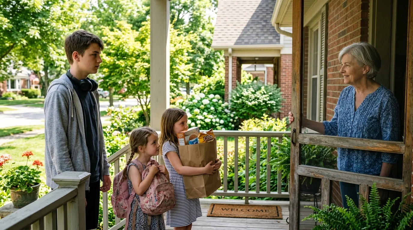 A teenage boy and his two little sisters standing on a sunlit front porch