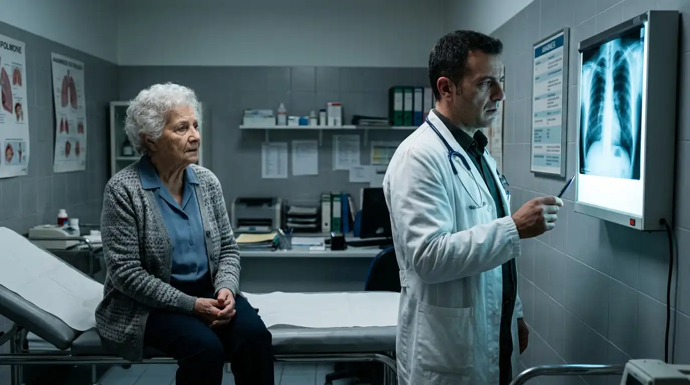 An elderly woman sitting in a hospital room while a concerned doctor examines her X-rays