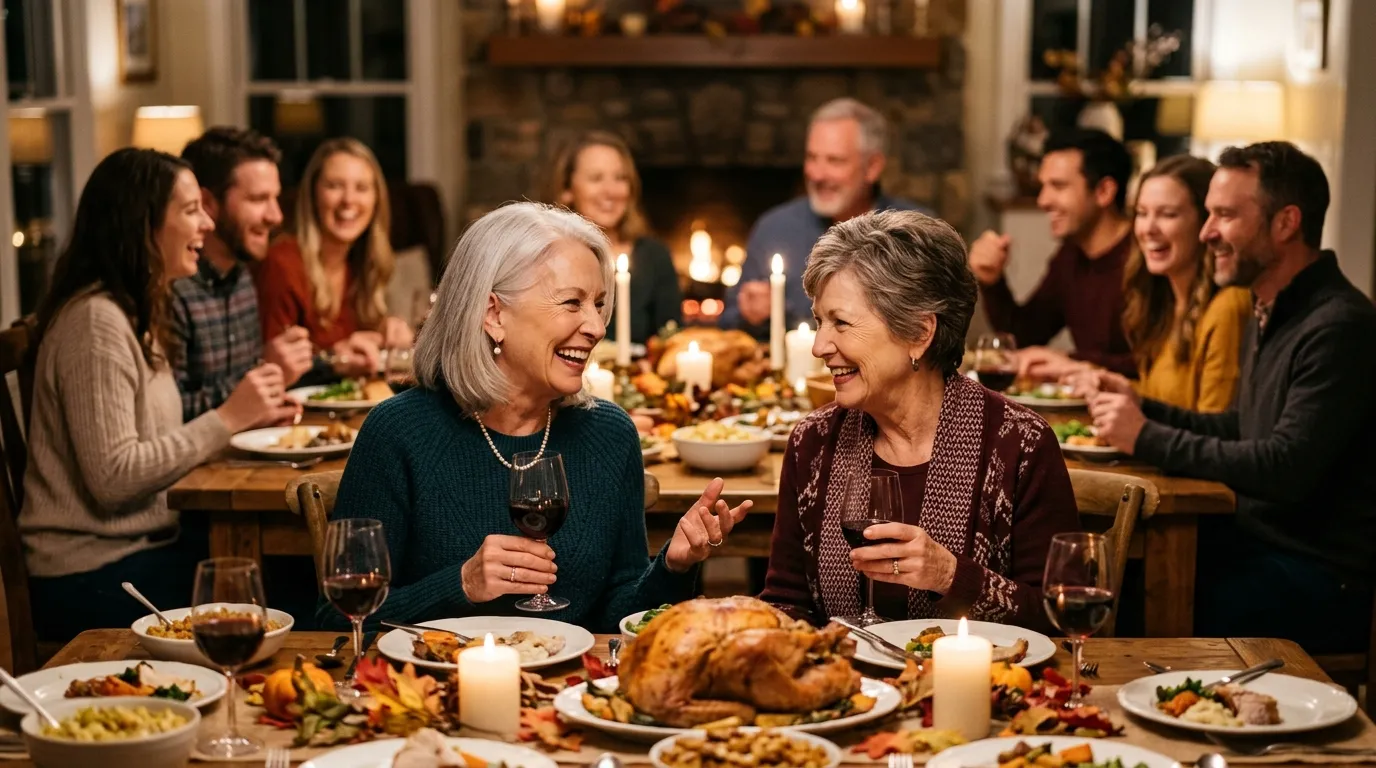 Family enjoying a warm, intimate Thanksgiving dinner together.