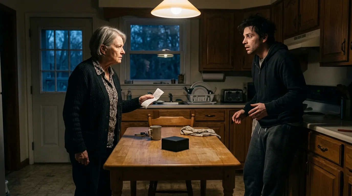 An older woman confronting a man in a dimly lit kitchen before sunrise, a cheap black ring box on the table