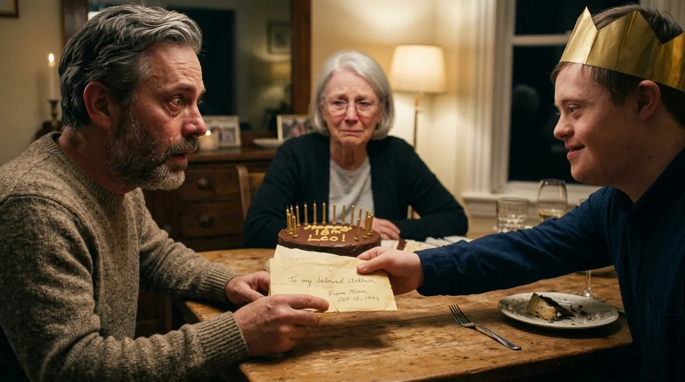 An old yellowed envelope placed on a dining table between a father, an 18-year-old son, and an elderly neighbor