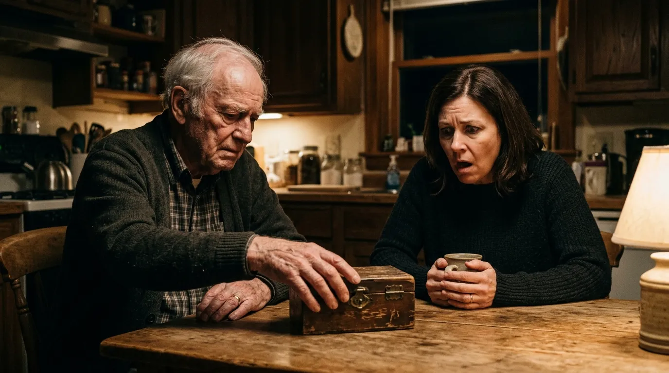 An older man placing a small wooden box on a kitchen table in front of a shocked woman.