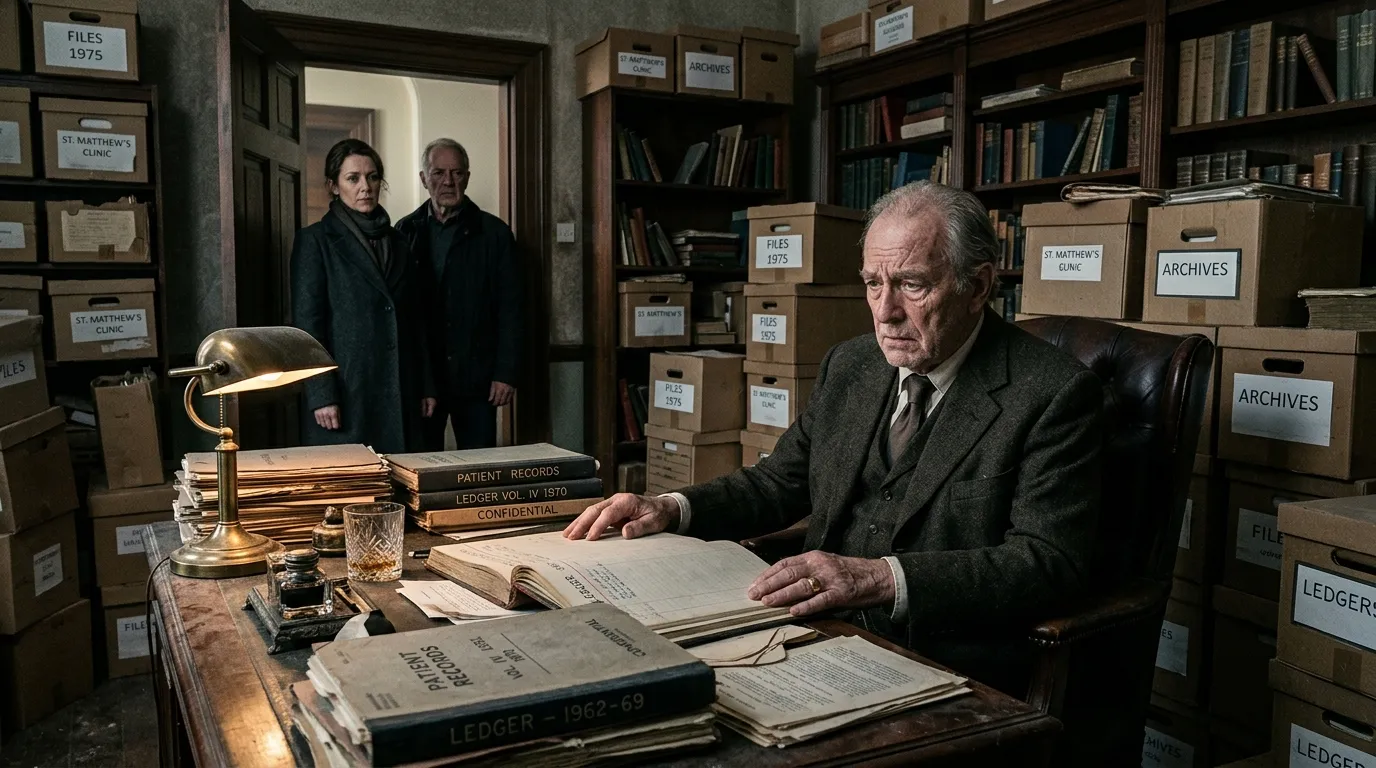 An older man looking regretfully at a middle-aged woman in a dusty study filled with ledgers.