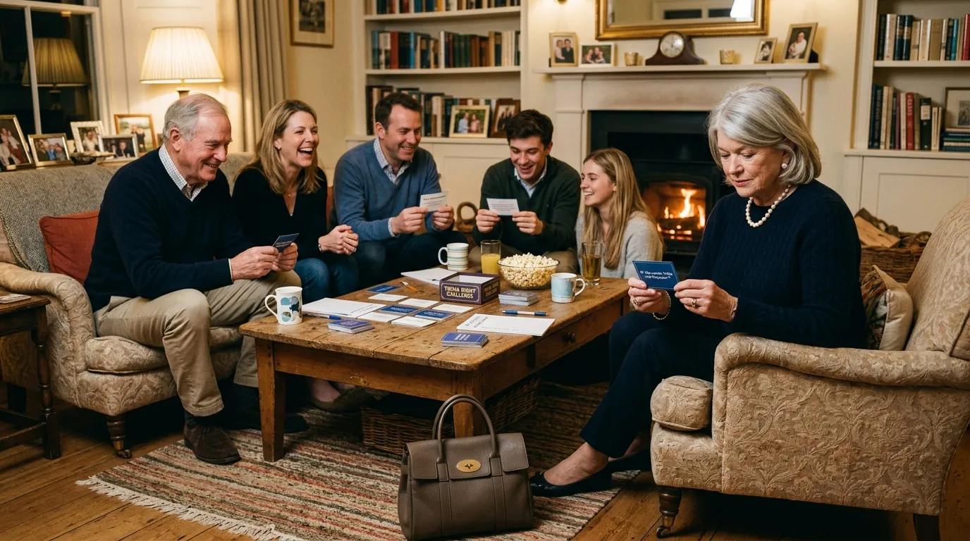 A family sitting around a living room doing a trivia game with the older woman looking humbled
