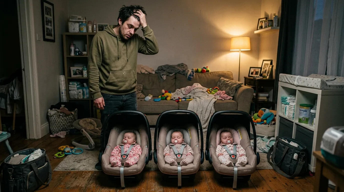 A young man looking completely overwhelmed at three baby carriers on his apartment floor
