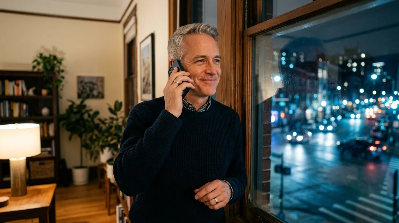 An older man smiling peacefully while talking on the phone by an apartment window at night