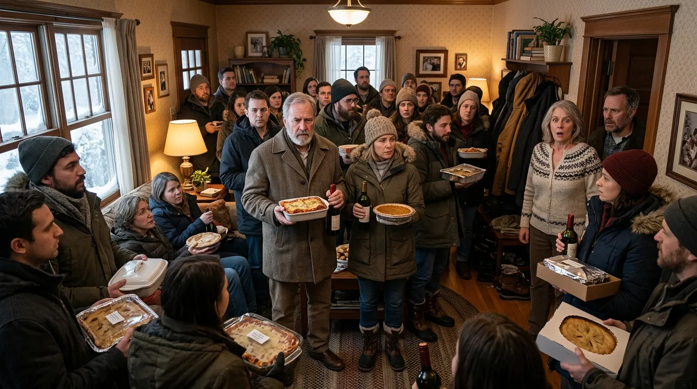 Confused guests standing in a Victorian parlor holding casseroles.