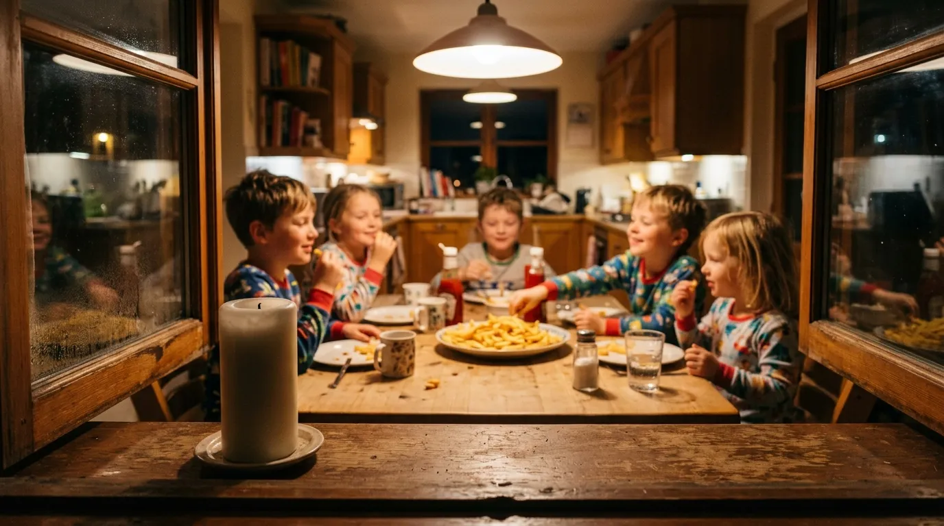 A cozy kitchen scene with children eating fries and an unlit candle on the windowsill.