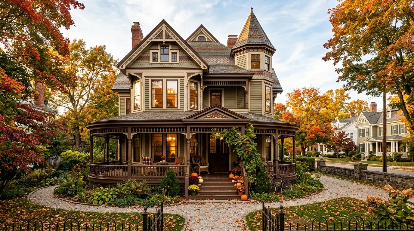 An elegant Victorian house bathed in warm autumn sunlight.