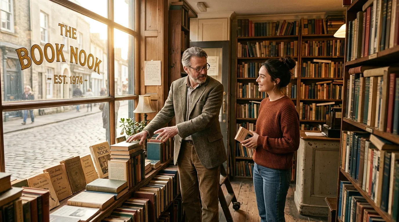 Older man holding up a blue book in a vintage bookstore window display