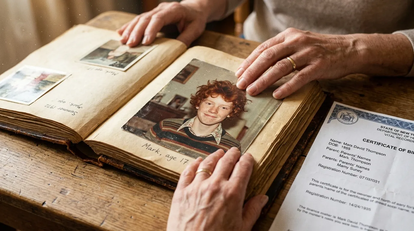 Old vintage photo album showing a teenage boy with bright copper red hair and freckles