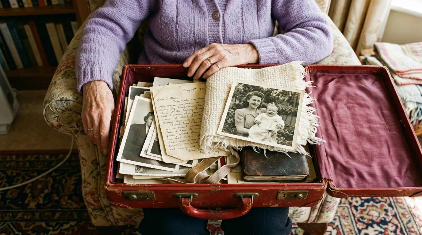 Antique red leather suitcase open on an elderly woman's lap revealing vintage photos and letters