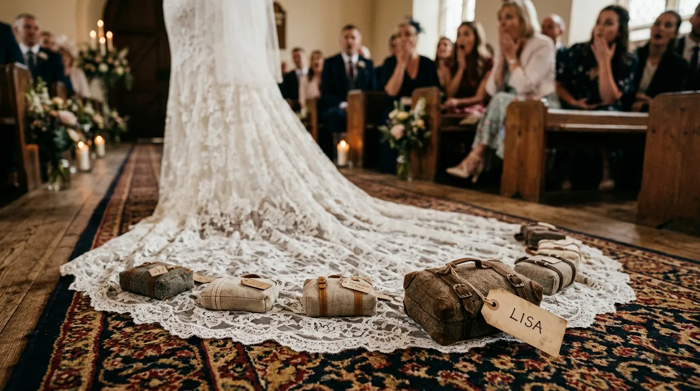 Wedding dress train draped on the carpet with small handmade suitcases attached and a tag reading Lisa