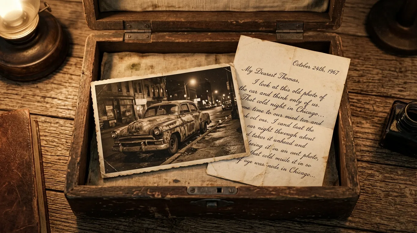 An open wooden box revealing an old photograph of a broken car and a handwritten letter