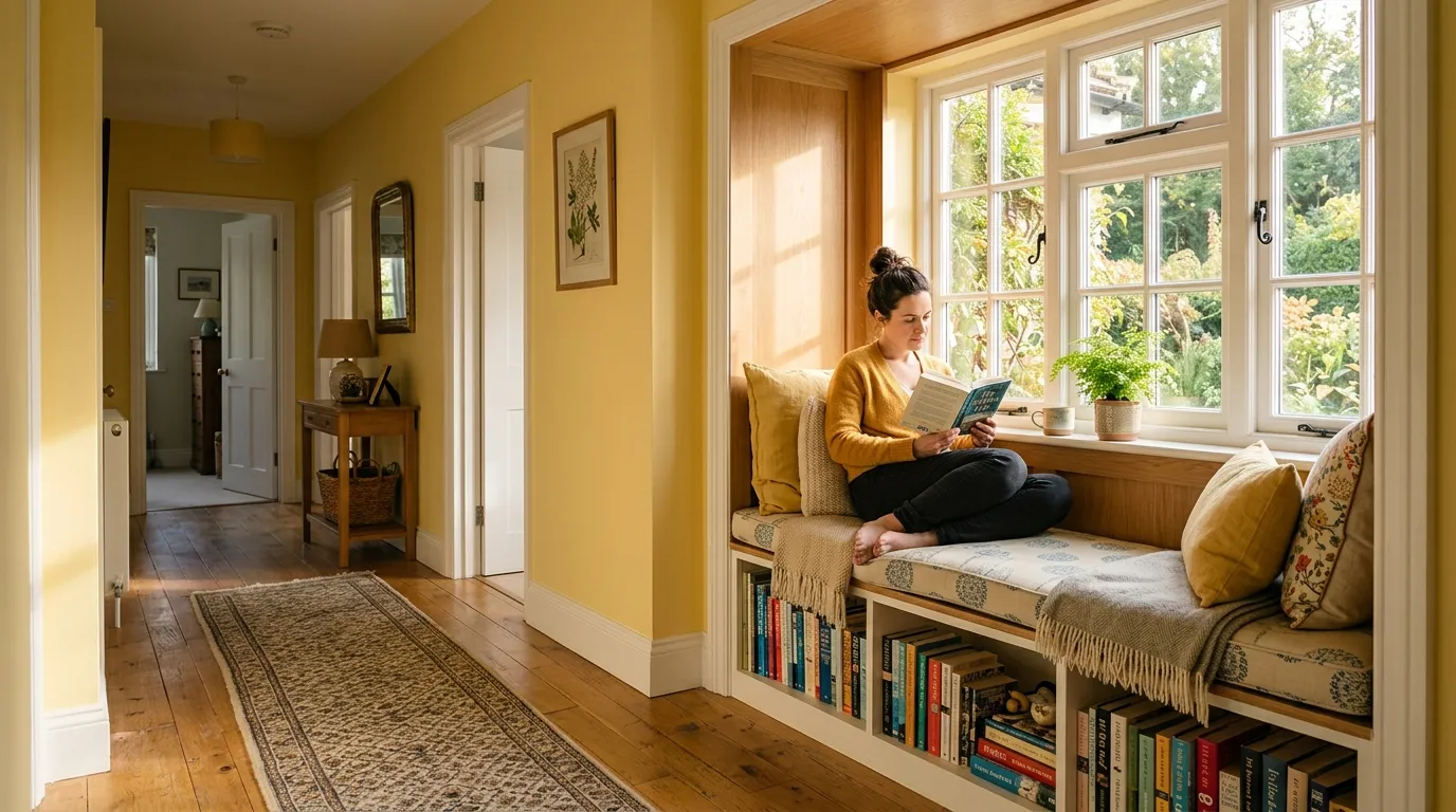 A freshly painted yellow hallway with a cozy built-in reading nook